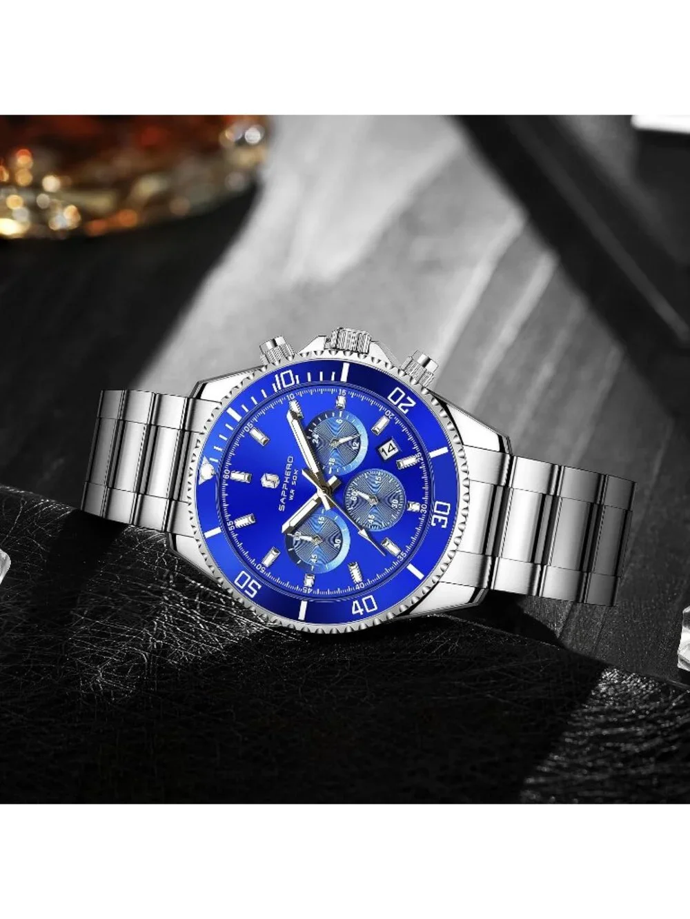 Men's Silver Strap/ Blue face Chronograph Stainless Steel Quartz Wrist Watch
